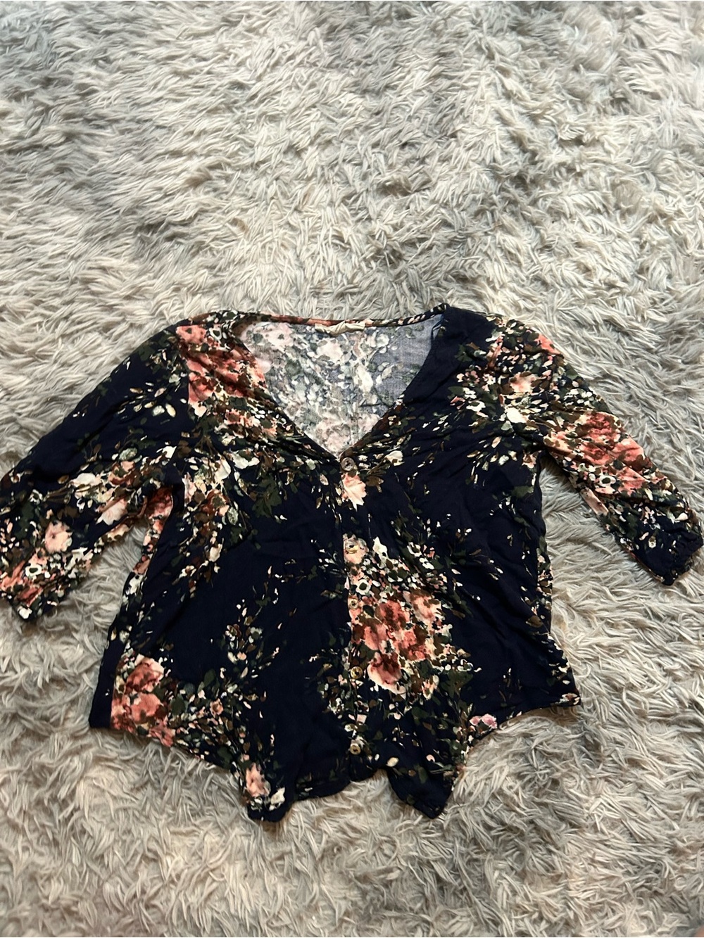 lovestitch Navy Floral V-Neck Blouse with Pink & Green Accents